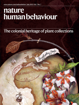 cover of Nature Human Behavior journal, with a globe and herbarium specimen, along with some blooming flowers
